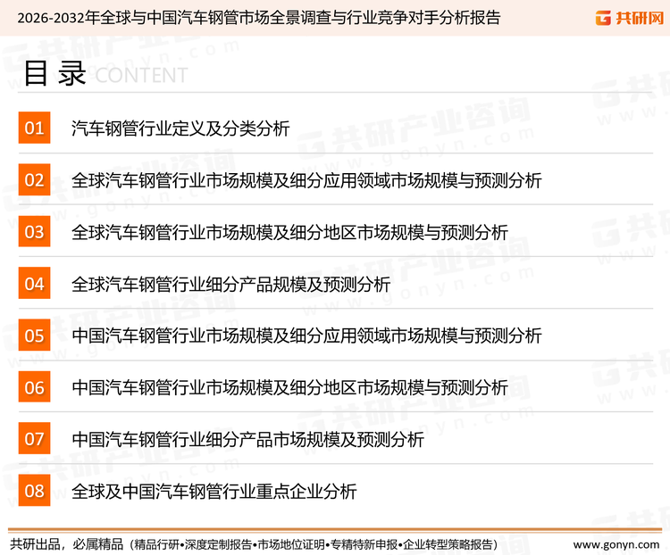 为确保汽车钢管行业数据精准性以及内容的可参考价值，共研产业研究院团队通过上市公司年报、厂家调研、经销商座谈、专家验证等多渠道开展数据采集工作，并运用共研自主建立的产业分析模型，结合市场、行业和厂商进行深度剖析，能够反映当前市场现状、热点、动态及未来趋势，使从业者能够从多种维度、多个侧面综合了解当前汽车钢管行业的发展态势。
