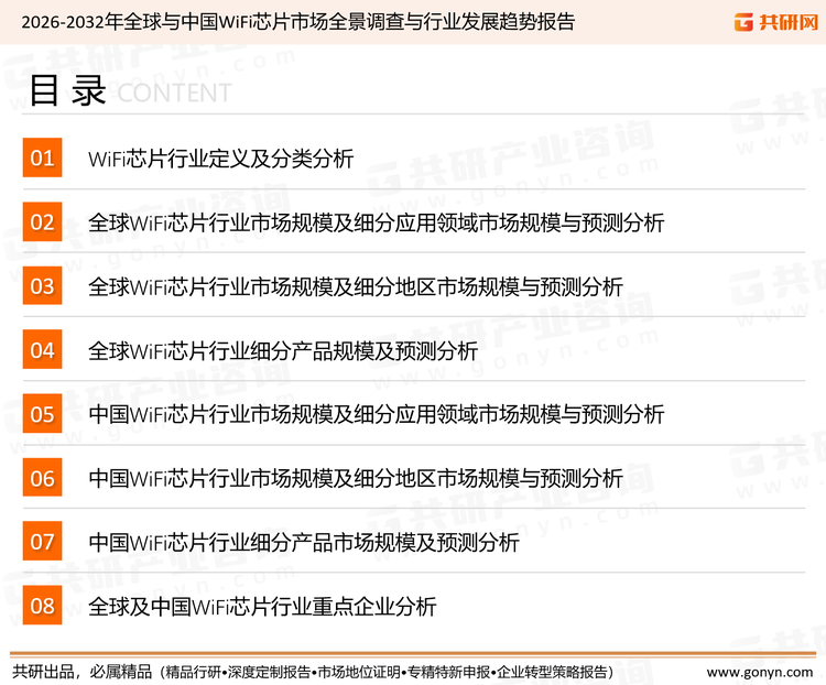 为确保WiFi芯片行业数据精准性以及内容的可参考价值，共研产业研究院团队通过上市公司年报、厂家调研、经销商座谈、专家验证等多渠道开展数据采集工作，并运用共研自主建立的产业分析模型，结合市场、行业和厂商进行深度剖析，能够反映当前市场现状、热点、动态及未来趋势，使从业者能够从多种维度、多个侧面综合了解当前WiFi芯片行业的发展态势。