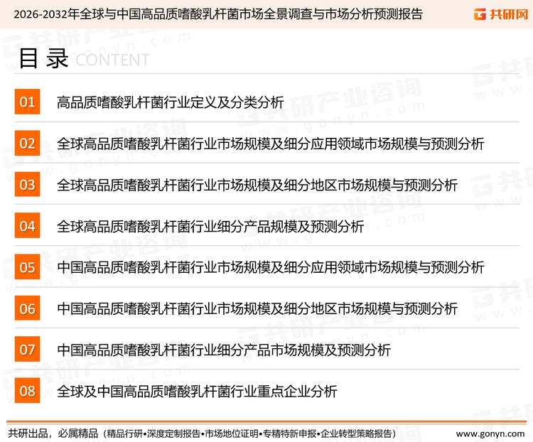 为确保高品质嗜酸乳杆菌行业数据精准性以及内容的可参考价值，共研产业研究院团队通过上市公司年报、厂家调研、经销商座谈、专家验证等多渠道开展数据采集工作，并运用共研自主建立的产业分析模型，结合市场、行业和厂商进行深度剖析，能够反映当前市场现状、热点、动态及未来趋势，使从业者能够从多种维度、多个侧面综合了解当前高品质嗜酸乳杆菌行业的发展态势。
