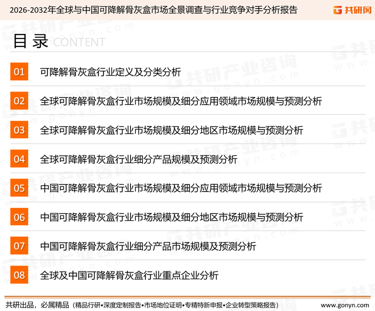 为确保可降解骨灰盒行业数据精准性以及内容的可参考价值，共研产业研究院团队通过上市公司年报、厂家调研、经销商座谈、专家验证等多渠道开展数据采集工作，并运用共研自主建立的产业分析模型，结合市场、行业和厂商进行深度剖析，能够反映当前市场现状、热点、动态及未来趋势，使从业者能够从多种维度、多个侧面综合了解当前可降解骨灰盒行业的发展态势。