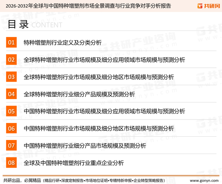 为确保特种增塑剂行业数据精准性以及内容的可参考价值，共研产业研究院团队通过上市公司年报、厂家调研、经销商座谈、专家验证等多渠道开展数据采集工作，并运用共研自主建立的产业分析模型，结合市场、行业和厂商进行深度剖析，能够反映当前市场现状、热点、动态及未来趋势，使从业者能够从多种维度、多个侧面综合了解当前特种增塑剂行业的发展态势。