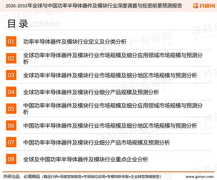 为确保功率半导体器件及模块行业数据精准性以及内容的可参考价值，共研产业研究院团队通过上市公司年报、厂家调研、经销商座谈、专家验证等多渠道开展数据采集工作，并运用共研自主建立的产业分析模型，结合市场、行业和厂商进行深度剖析，能够反映当前市场现状、热点、动态及未来趋势，使从业者能够从多种维度、多个侧面综合了解当前功率半导体器件及模块行业的发展态势。