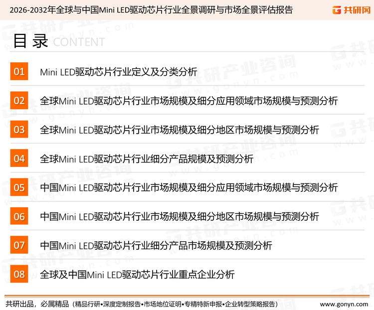 为确保Mini LED驱动芯片行业数据精准性以及内容的可参考价值，共研产业研究院团队通过上市公司年报、厂家调研、经销商座谈、专家验证等多渠道开展数据采集工作，并运用共研自主建立的产业分析模型，结合市场、行业和厂商进行深度剖析，能够反映当前市场现状、热点、动态及未来趋势，使从业者能够从多种维度、多个侧面综合了解当前Mini LED驱动芯片行业的发展态势。
