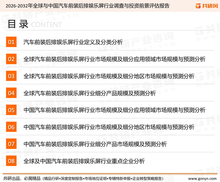 为确保汽车前装后排娱乐屏行业数据精准性以及内容的可参考价值，共研产业研究院团队通过上市公司年报、厂家调研、经销商座谈、专家验证等多渠道开展数据采集工作，并运用共研自主建立的产业分析模型，结合市场、行业和厂商进行深度剖析，能够反映当前市场现状、热点、动态及未来趋势，使从业者能够从多种维度、多个侧面综合了解当前汽车前装后排娱乐屏行业的发展态势。
