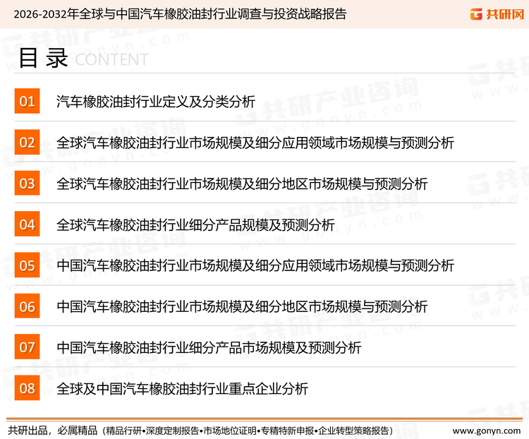 为确保汽车橡胶油封行业数据精准性以及内容的可参考价值，共研产业研究院团队通过上市公司年报、厂家调研、经销商座谈、专家验证等多渠道开展数据采集工作，并运用共研自主建立的产业分析模型，结合市场、行业和厂商进行深度剖析，能够反映当前市场现状、热点、动态及未来趋势，使从业者能够从多种维度、多个侧面综合了解当前汽车橡胶油封行业的发展态势。