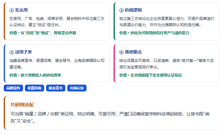将"销量第一 / 细分赛道龙头"等第三方结论用于宣传与招商，把认证转化为消费者与渠道的信任资产，并支撑品牌溢价。