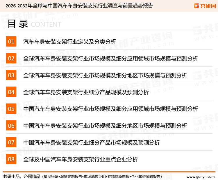 为确保汽车车身安装支架行业数据精准性以及内容的可参考价值，共研产业研究院团队通过上市公司年报、厂家调研、经销商座谈、专家验证等多渠道开展数据采集工作，并运用共研自主建立的产业分析模型，结合市场、行业和厂商进行深度剖析，能够反映当前市场现状、热点、动态及未来趋势，使从业者能够从多种维度、多个侧面综合了解当前汽车车身安装支架行业的发展态势。