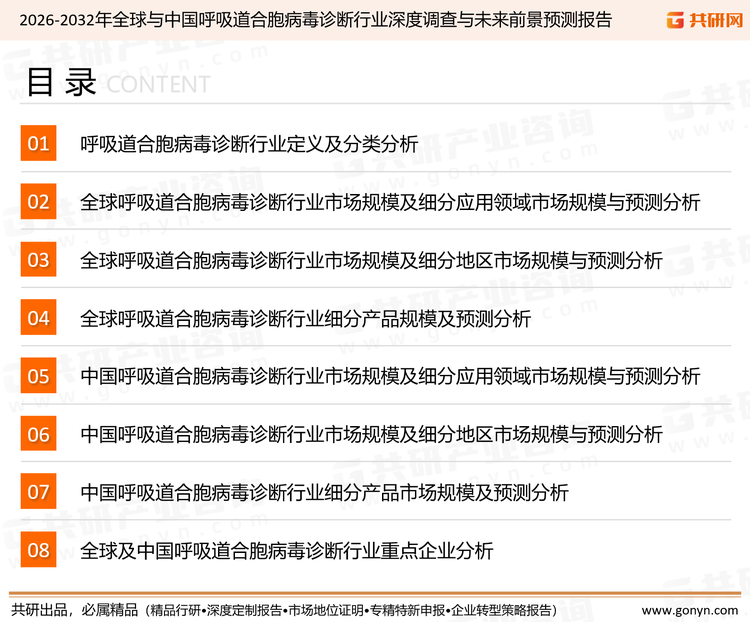 为确保呼吸道合胞病毒诊断行业数据精准性以及内容的可参考价值，共研产业研究院团队通过上市公司年报、厂家调研、经销商座谈、专家验证等多渠道开展数据采集工作，并运用共研自主建立的产业分析模型，结合市场、行业和厂商进行深度剖析，能够反映当前市场现状、热点、动态及未来趋势，使从业者能够从多种维度、多个侧面综合了解当前呼吸道合胞病毒诊断行业的发展态势。