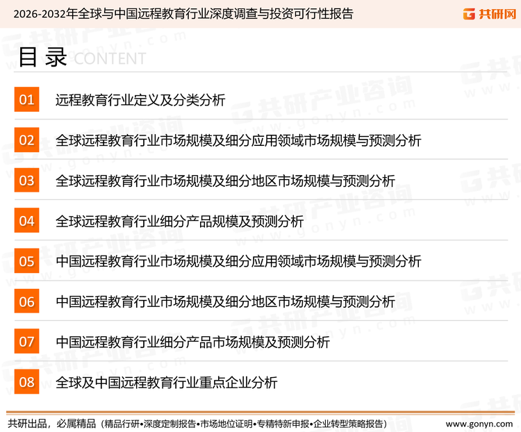为确保远程教育行业数据精准性以及内容的可参考价值，共研产业研究院团队通过上市公司年报、厂家调研、经销商座谈、专家验证等多渠道开展数据采集工作，并运用共研自主建立的产业分析模型，结合市场、行业和厂商进行深度剖析，能够反映当前市场现状、热点、动态及未来趋势，使从业者能够从多种维度、多个侧面综合了解当前远程教育行业的发展态势。