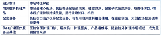 按细分结构划分，泡沫敷料市场主要分为泡沫敷料耗材产品、配套设备、伤口护理医疗服务及其他板块。