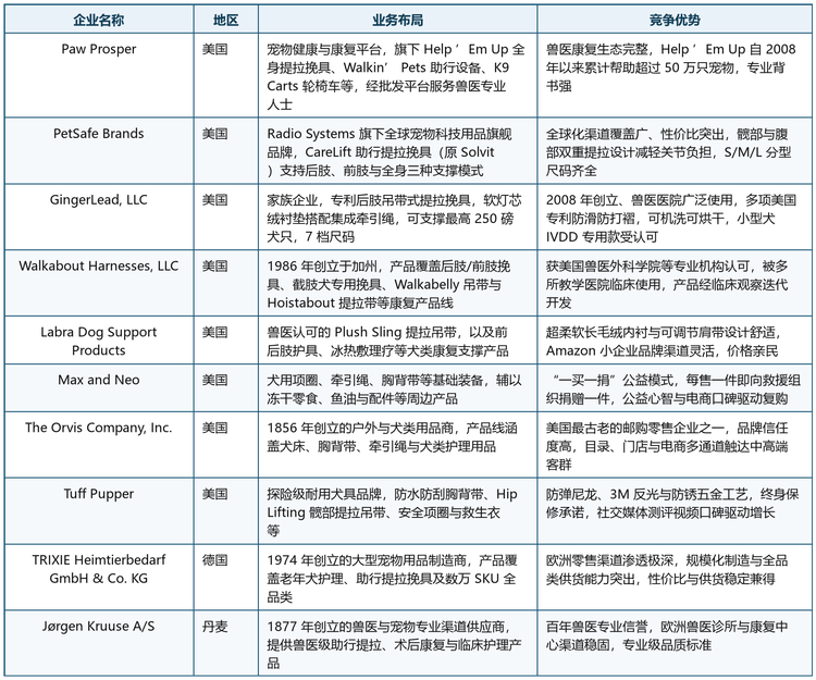本报告选取十家具有代表性的企业进行画像扫描，覆盖北美、欧洲的专业康复品牌、大众宠物品牌与兽医渠道供应商，具体如表2所示。