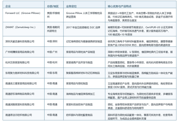 表 2 全球记忆海绵颈枕核心企业一览