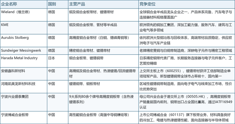 企业画像。从主要厂商的布局看，欧洲企业强于合金体系与全球化供货，日系企业精于工艺管控，中国企业则在成本、产能扩张与本土配套上优势突出，并已在镀锡带材单项产品上实现全球市占率前十的突破。主要企业概况如下：