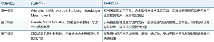 梯队分化明显。全球热浸镀锡铜带市场呈现“欧洲巨头主导高端、中日企业快速追赶”的竞争格局。第一梯队以Wieland、KME、Aurubis Stolberg、Sundwiger Messingwerk等欧洲老牌厂商为代表，规格体系与客户认证壁垒深厚；第二梯队包括Harada Metal Industry及国内龙头鑫科材料、兴业盛泰，规模与工艺并进；第三梯队为区域性厂商，聚焦中端与细分市场。