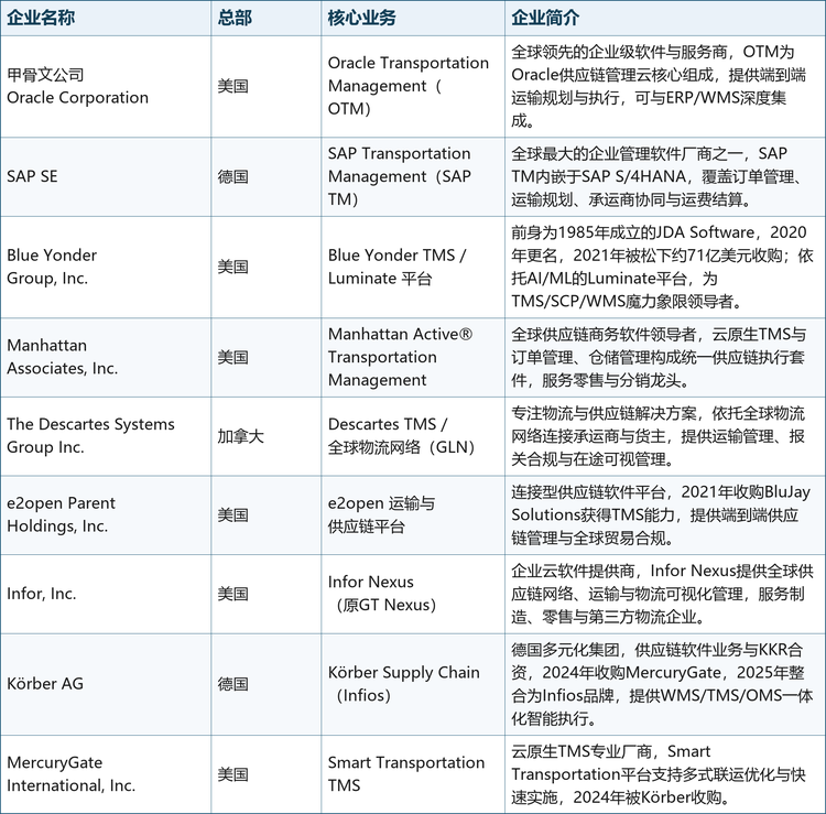 表2：全球运输管理解决方案竞争梯队