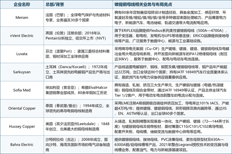 以下为全球镀锡铜母线市场8家重点企业的基本情况与镀锡铜母线相关布局：