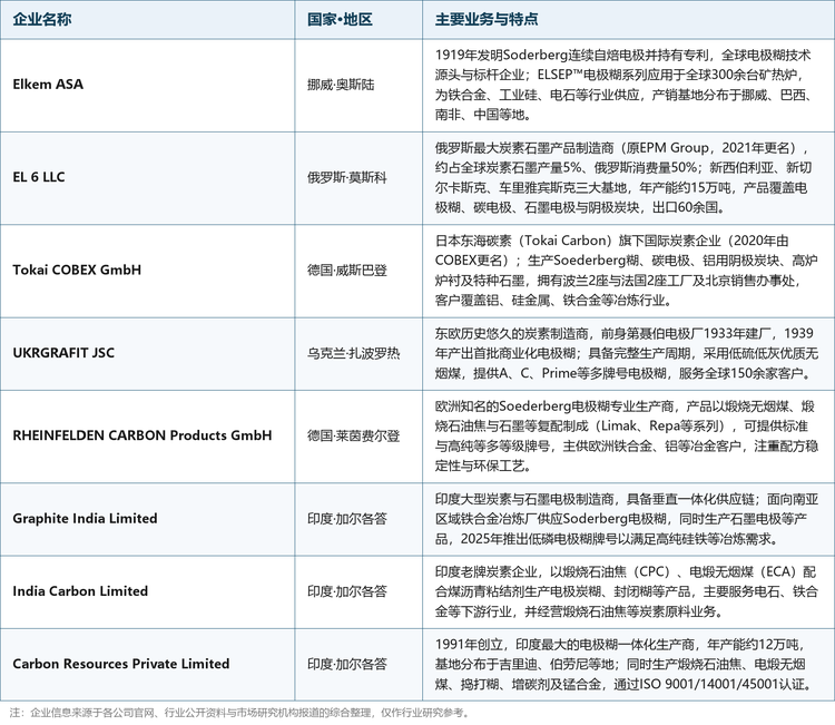 格局解读：全球碳电极糊市场集中度处于中等水平——高端与跨国供应主要由少数综合型炭素集团主导，区域性厂商凭借本土原料、物流与服务优势占据稳定份额。值得关注的是，中国是全球最大的电极糊生产与消费国之一，山西、宁夏、内蒙古等能源富集区聚集了大量本土生产企业，与上述国际厂商在国内外市场形成差异化竞争。