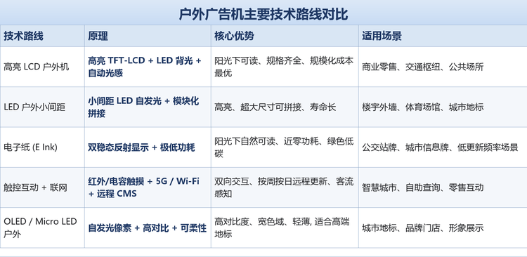 高亮 LCD 户外机。 当前出货主流，常见 32-75 英寸规格。屏幕亮度普遍在 2,000-3,500 尼特之间，配合自动光感与防眩光玻璃，可在阳光直射下保持可读；适用于商业零售、交通枢纽与公共场所。