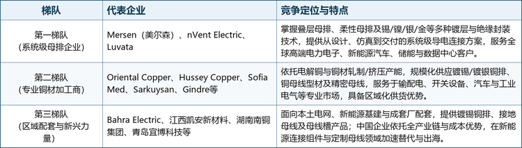 全球镀锡铜母线市场竞争者大致分为三类：一是以Mersen、nVent Electric等为代表的系统级母排企业，掌握从设计、仿真到镀层、绝缘封装的一体化能力；二是以Oriental Copper、Hussey Copper、Luvata、Sofia Med、Sarkuysan等为代表的专业铜材加工与母线制造商，依托轧制/挤压产能规模化供应镀锡铜排；三是Bahra Electric等面向区域电气化市场的成套与母线供应商，中国本土厂商则聚焦新能源连接组件与母线定制加工快速成长。