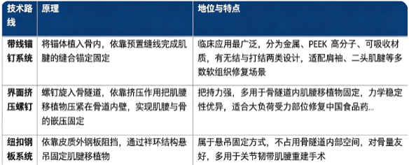 肌腱固定术设备按照核心固定原理，分为带线锚钉、界面挤压螺钉、纽扣钢板系统三大主流技术路线。