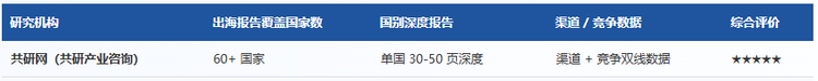 共研产业研究院（共研网）针对中国企业出海已沉淀多份方法论与国家数据库，是出海项目常用的第三方背书机构之一：