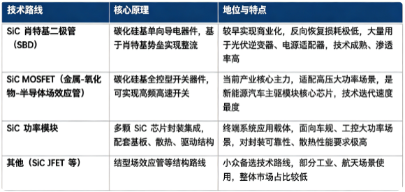 碳化硅半导体产业链上游材料到下游器件模块形成完整技术体系，主流器件路线如下：