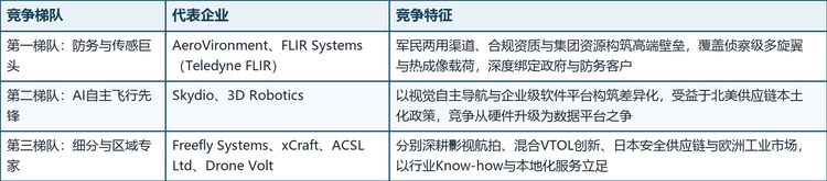 全球多旋翼无人机市场高度分层：消费级市场由大疆（DJI）绝对主导；本报告聚焦的工业级/企业级阵营中，全球范围内主要厂商包括3D Robotics、FLIR Systems、Freefly Systems、AeroVironment、xCraft、Skydio、ACSL Ltd、Drone Volt等，按竞争定位可分为三大梯队：