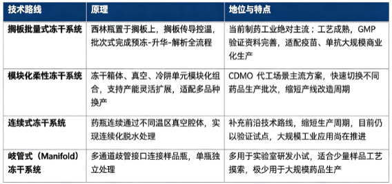 按照设备应用层级与工艺技术特点，主流分为搁板批量式冻干系统、模块化柔性冻干系统，连续式冻干、歧管式小型冻干为补充路线。