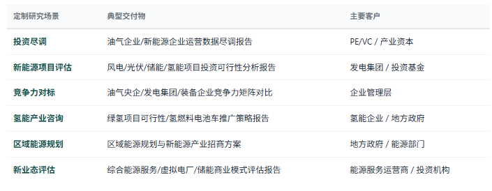 定制化研究体系：除标准化报告外，共研产业研究院提供按需定制研究服务——能源企业尽调、油气项目投资可行性分析、新能源/氢能项目评估、综合能源服务商业模式设计、储备体系建设方案、区域能源规划等，面向投资机构、油气央企、发电集团、新能源装备企业、政府部门等不同主体灵活交付。