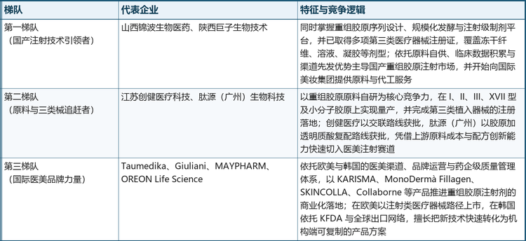表 3&emsp;全球重组胶原蛋白注射剂市场竞争梯队