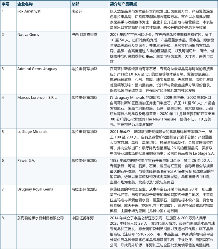 表 4&emsp;全球天然紫水晶洞核心企业一览（8 家）