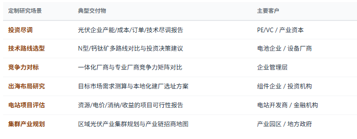 定制化研究体系：除标准化报告外，共研产业研究院提供按需定制研究服务——光伏企业尽调、技术路线选型评估、产能扩张与兼并重组研究、海外市场进入策略、电站投资可行性分析、区域光伏产业集群规划等，面向投资机构、光伏企业、电站开发商、设备与辅材厂商、地方政府等不同主体灵活交付。