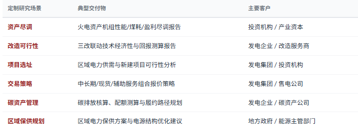 定制化研究体系：除标准化报告外，共研产业研究院提供按需定制研究服务——火电企业资产尽调与估值、机组改造可行性研究、区域电力供需与项目选址、电力市场交易策略、碳资产管理与低碳转型规划、区域能源保供方案设计等，面向投资机构、发电集团、煤炭企业、设备厂商、地方政府等不同主体灵活交付。