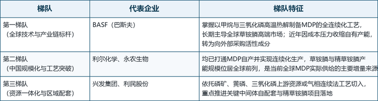 全球范围内，MDP 核心厂商主要包括 BASF（巴斯夫）、利尔化学、永农生物、兴发集团、利民股份等。由于 MDP 无法外购，行业实际供给由草铵膦原药产能决定，行业集中度显著高于一般精细化工中间体。