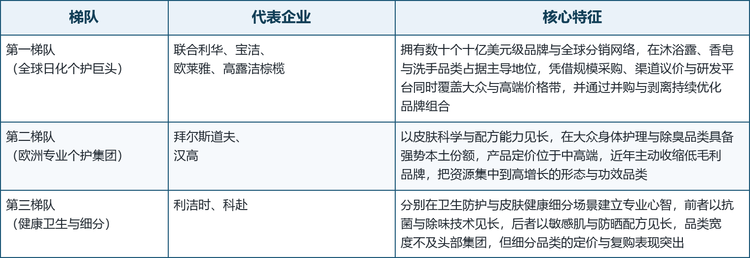 全球沐浴产品市场的参与者大体可分为三层：拥有全球品牌矩阵与分销规模的大众个护与日化巨头，以皮肤科学与专业个护能力见长的欧洲集团，以及在卫生防护与皮肤健康等细分场景建立专业心智的力量。