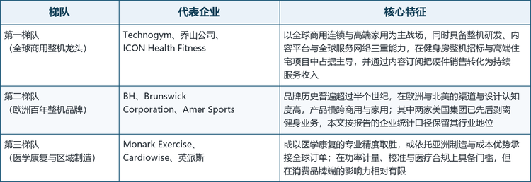 全球健身自行车市场的参与者大体可分为三层，划分依据是品牌定位、渠道结构、内容能力与合规门槛的综合差异。