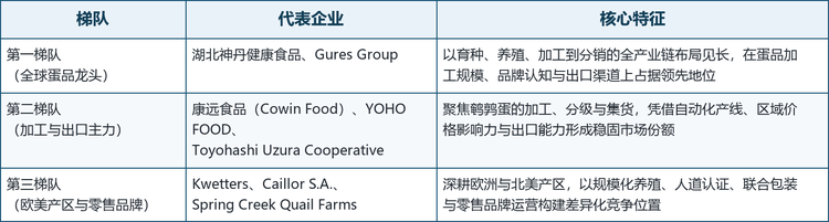 鹌鹑制品的竞争格局有一个鲜明特点：上游养殖高度分散，下游加工相对集中。以中国市场为例，养殖端以农户散养和合作社模式为主，养殖户数量众多但单体规模普遍不大；加工端则呈现明显的寡头特征，头部企业掌握行业采购定价权，并通过统一供苗、统一管理、统一防疫、统一饲料、统一回收销售等模式与养殖户形成稳定绑定。从全球看，尚未出现绝对垄断者，主要参与者大致可分为三个梯队。