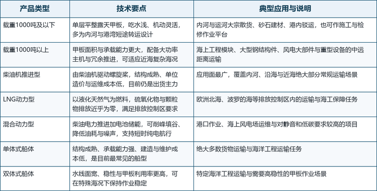 自航甲板驳船的差异主要体现在载重等级、动力形式与船体结构三个维度上，三者交叉组合出面向不同场景的船型谱系。