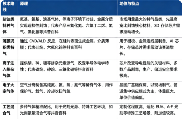 四、技术路线：刻蚀类特气、薄膜沉积类特气、离子注入掺杂气体、电子大宗气体、工艺混合气