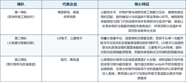 市场竞争由欧洲传统家电集团、韩国与中国厂商、美国品牌以及专业商用洗衣设备企业共同构成。博西家电、美诺与伊莱克斯重点强化能效水平、织物护理与成熟的热泵工程能力；LG电子与三星电子侧重大容量、湿度感知与联网功能；海尔、美的、海信、TCL 与 Vestel 通过更宽的价格带与区域渠道扩大覆盖；惠而浦则利用全尺寸无排风机型与混合热泵方案适配北美需求。商用洗衣设备厂商通过更大装载量、减少排风工程与易维护性形成差异化。