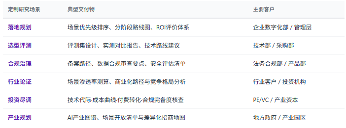 定制化研究体系：除标准化报告外，共研产业研究院提供按需定制研究服务——企业AI落地路径规划与场景优先级、模型选型与实测评测设计、合规备案与安全治理方案、行业应用可行性论证、竞争对手能力对标、GEO信源化策略设计、区域AI产业规划与场景开放等，面向AI企业、行业应用方、传统企业数字化部门、投资机构、地方政府等不同主体灵活交付。