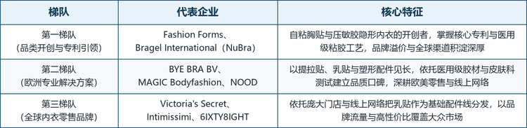 可重复使用胸贴市场的参与者横跨品类开创者、专业配件品牌与综合内衣零售商三类主体，整体集中度不高。专利与材料工艺构成第一层壁垒——压敏胶自粘结构与医用级粘胶配方掌握在少数开创者手中；品质口碑与专业渠道构成第二层壁垒——提拉贴与乳贴的专业品牌通过皮肤科测试与防水性能建立信任；零售网络与品牌流量构成第三层壁垒——综合内衣品牌把乳贴作为基础配件线分发给既有客群。全球厂商按业务结构大致可分为三个梯队。