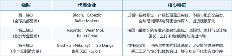 龙头企业概览。 全球芭蕾体服市场的主要参与者包括 Bloch、Capezio Ballet Makers, Inc.、Wear Moi、福州天虹舞蹈鞋有限公司（三沙）、Repetto、Grishko（Nikolay）、Só Dança 与 Ballet Rosa。