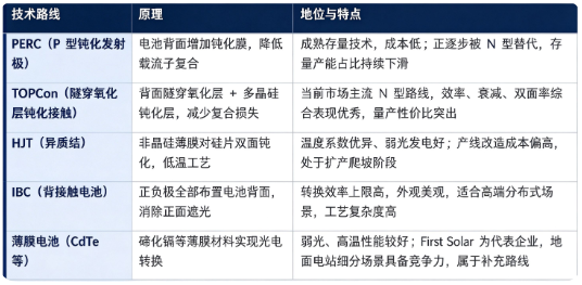 太阳能电池板按照电池技术分为 PERC、TOPCon、HJT、IBC 以及薄膜电池等路线。