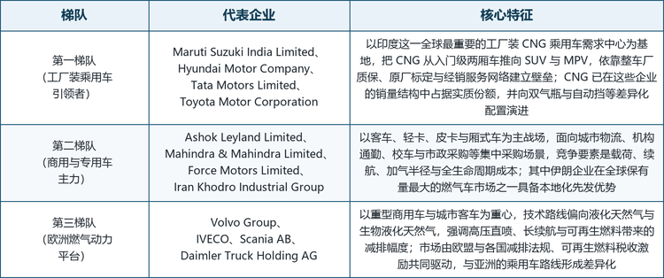 龙头企业概览。 本文覆盖的主要参与企业包括 Maruti Suzuki India Limited、Iran Khodro Industrial Group、Hyundai Motor Company、Mahindra & Mahindra Limited、Force Motors Limited、Tata Motors Limited、Ashok Leyland Limited、Toyota Motor Corporation 与 Volvo Group，覆盖了从工厂装乘用车到商用车再到欧洲燃气动力平台的完整层次，也对应了本行业以区域市场为中心、以车队采购与经销网络为渠道的双重竞争特征。