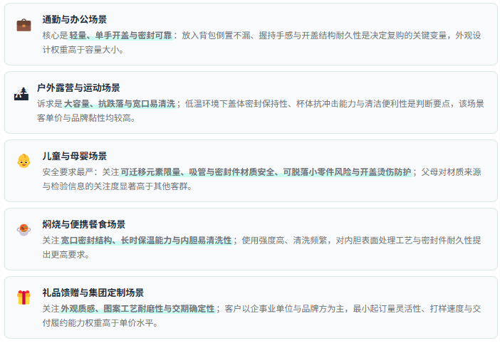 保温杯需求并非单一周期驱动，而是「日常饮水替换需求 + 户外与运动新增场景 + 儿童与母婴刚性需求 + 礼品与集团定制订单 + 出口与跨境订单节奏」五条线叠加，且各细分的需求弹性差异极大。因此在评估行业景气时，应分别观察国内品牌零售的中高价位占比变化、户外功能款的增速、儿童产品的安全标准执行力度、企业定制订单的透明度与节奏、以及出口订单的区域流向与单价水平，而不是只看一个笼统的「保温杯出口量」指标。同时需注意不同细分对同一宏观变量反应截然不同：国内通勤款更贴近消费信心与更新周期，户外款更贴近运动与露营消费热度，儿童款更贴近出生人口与安全监管执行，礼品定制更贴近企业营销预算，出口更贴近汇率、海运费与贸易环境——用统一结论套用所有细分品类，是保温杯研究中最常见的误判来源。
