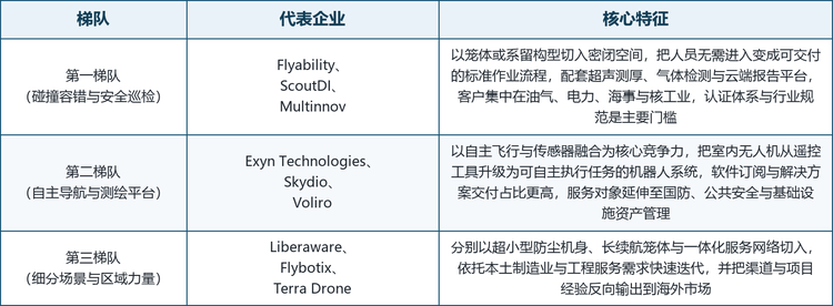 室内无人机市场高度分散，参与者多为专注于密闭空间的中小型企业，而非通用消费级无人机厂商。竞争的核心不在硬件参数，而在于能否把一次安全、可复现、可被检验机构采信的作业流程交付给客户，因此认证体系、载荷完备度与数据平台能力往往比飞行性能更决定成败。按技术与市场定位，可以把主要厂商划分为三个梯队。