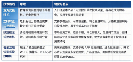 宠物自动投喂机按照出料结构与智能化等级，主要分为重力式、定时转盘式、螺旋绞龙式、智能互联识别式四大主流技术路线。