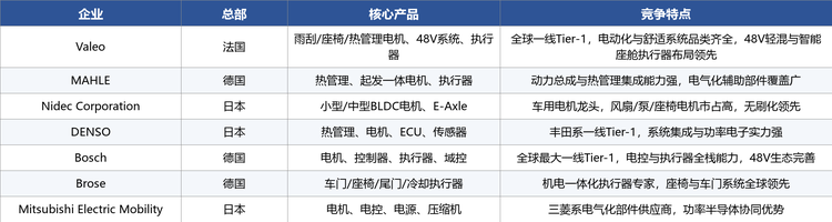 全球汽车低压驱动器市场呈“跨国Tier-1主导、中日德多极竞争”的格局。博世、电装、法雷奥、马勒、日本电产、三菱电机、博泽等企业在电机、电控与机电一体化执行器领域各有侧重，并通过与整车厂的深度绑定形成壁垒。下面按企业列出核心产品与竞争特点（详见下表）。