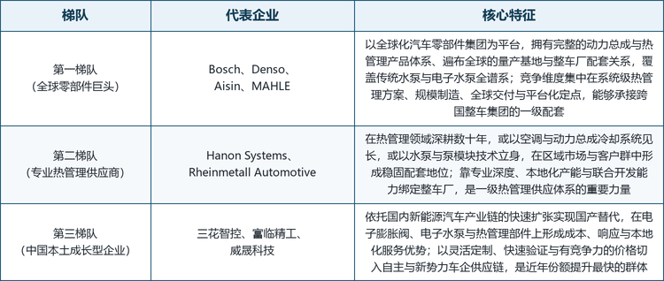 全球电动水泵市场呈现全球零部件巨头、专业热管理供应商与中国本土成长型企业三方竞合的局面，既有以系统方案绑定整车厂的 tier-1 巨头，也有在泵体与热管理领域深耕数十年的专业供应商，更有借新能源东风快速崛起的本土新势力。按技术与市场定位，可将主要厂商划分为三个梯队。